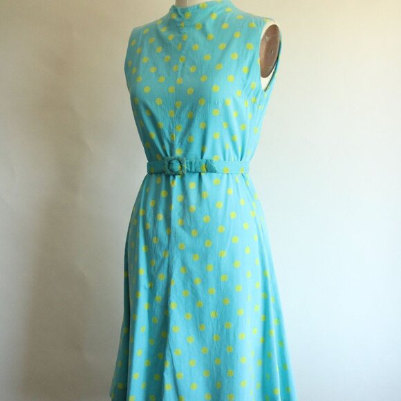 Vintage 1960s Dress with Belt, Blue with Yellow Polka Dots, Summer - Picture 6 of 10
